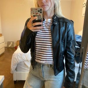 SOLD: Black structured leather jacket zip up mid length